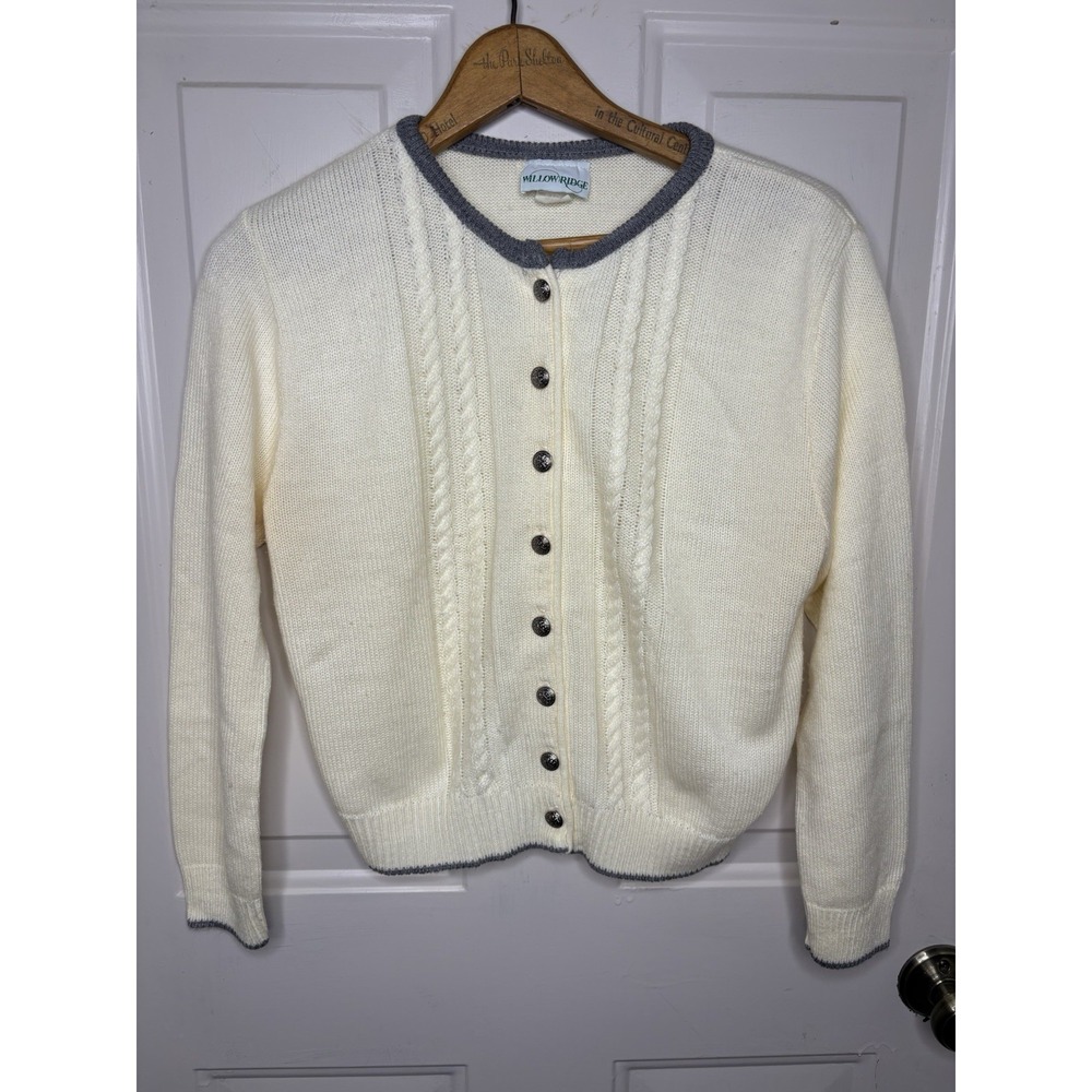Vtg Women's M Cardigan Sweater Ivory Silver Buttons Gray Detail Short USA  Cable